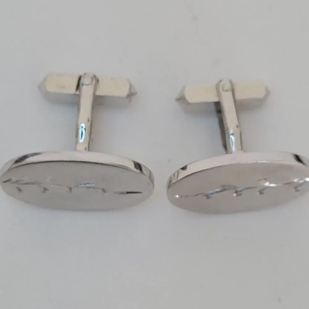 VINTAGE SILVER TONE ETCHED OVAL CUFFLINKS 1” Minimalistic Bullet Back